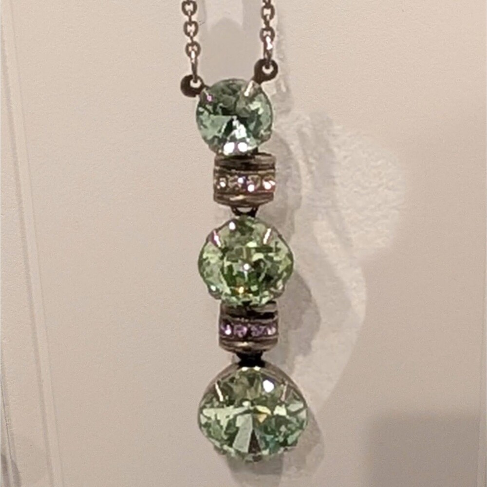 Sorrelli Triple Drop Crystal Necklace Tiered Green Antique Silver Tone 16+ In